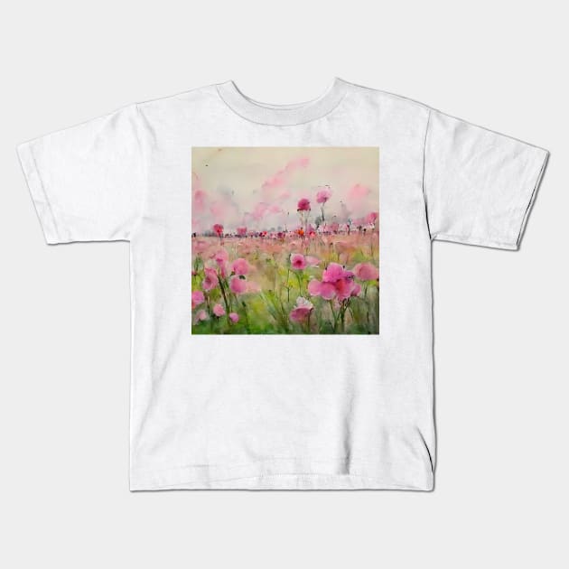 Open pink watercolor flower field Kids T-Shirt by endage